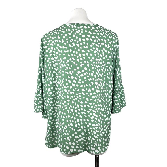 Kancystore XL Blouse Green White Button Down Tie Knot 3/4 Bell Sleeve V Neck - Picture 5 of 8